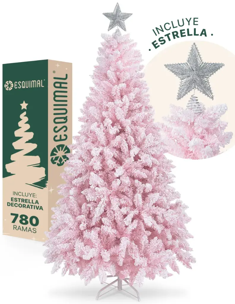 ÁRBOL DE NAVIDAD ROSA NEVADO FORMA CÓNICA CLÁSICO CON ESTRELLA PLATEADA CEDRO DEL HIMALAYA 