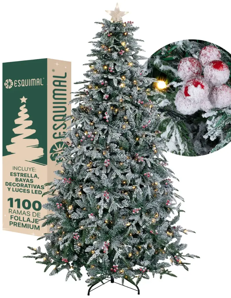 ÁRBOL DE NAVIDAD VERDE NEVADO CLÁSICO CON BAYAS, ESTRELLA Y LUCES LED CEDRO DEL HIMALAYA