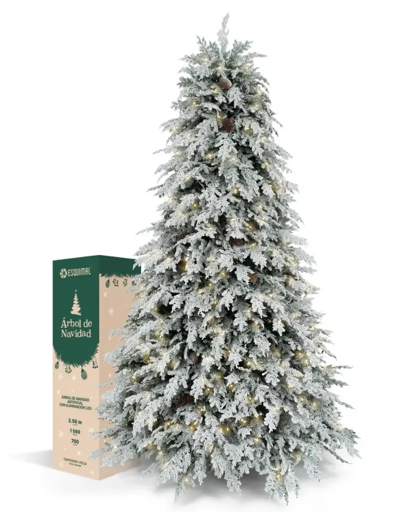 ÁRBOL DE NAVIDAD VERDE NEVADO CÓNICO CON PIÑAS Y LUCES LED ABETO EUROPEO