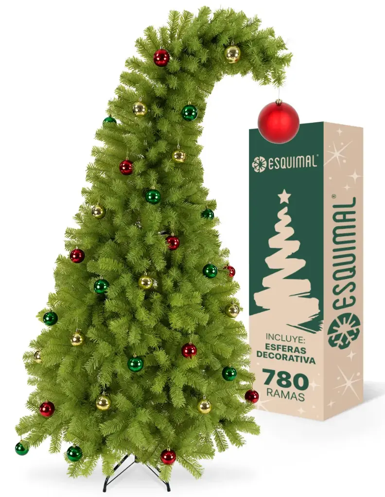 ÁRBOL DE NAVIDAD GORRO DE SANTA CON ESFERA ROJA EN PUNTA + SET ESFERAS CROMADAS CEDRO DEL HIMALAYA 