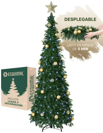 ÁRBOL DE NAVIDAD VERDE CON 35 ESFERAS, LUZ LED Y ESTRELLA 180 X 60