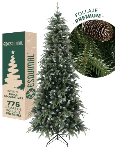 ÁRBOL DE NAVIDAD VERDE NEVADO DELGADO CON PIÑAS PINO CANADIENSE