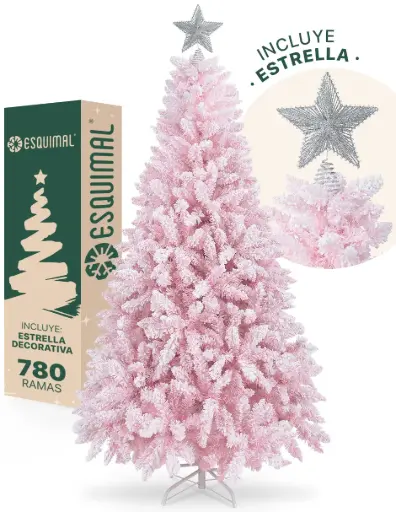 ÁRBOL DE NAVIDAD ROSA NEVADO FORMA CÓNICA CLÁSICO CON ESTRELLA PLATEADA CEDRO DEL HIMALAYA 