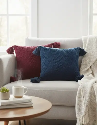 [0709015261] COJÍN DECORATIVO CHENILLE CON BORLAS